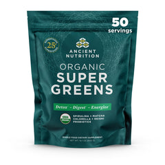 Ancient Nutrition Super Greens tub front with organic greens blend.