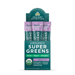 Ancient Nutrition SuperGreens berry flavor bottle for easy daily greens boost.