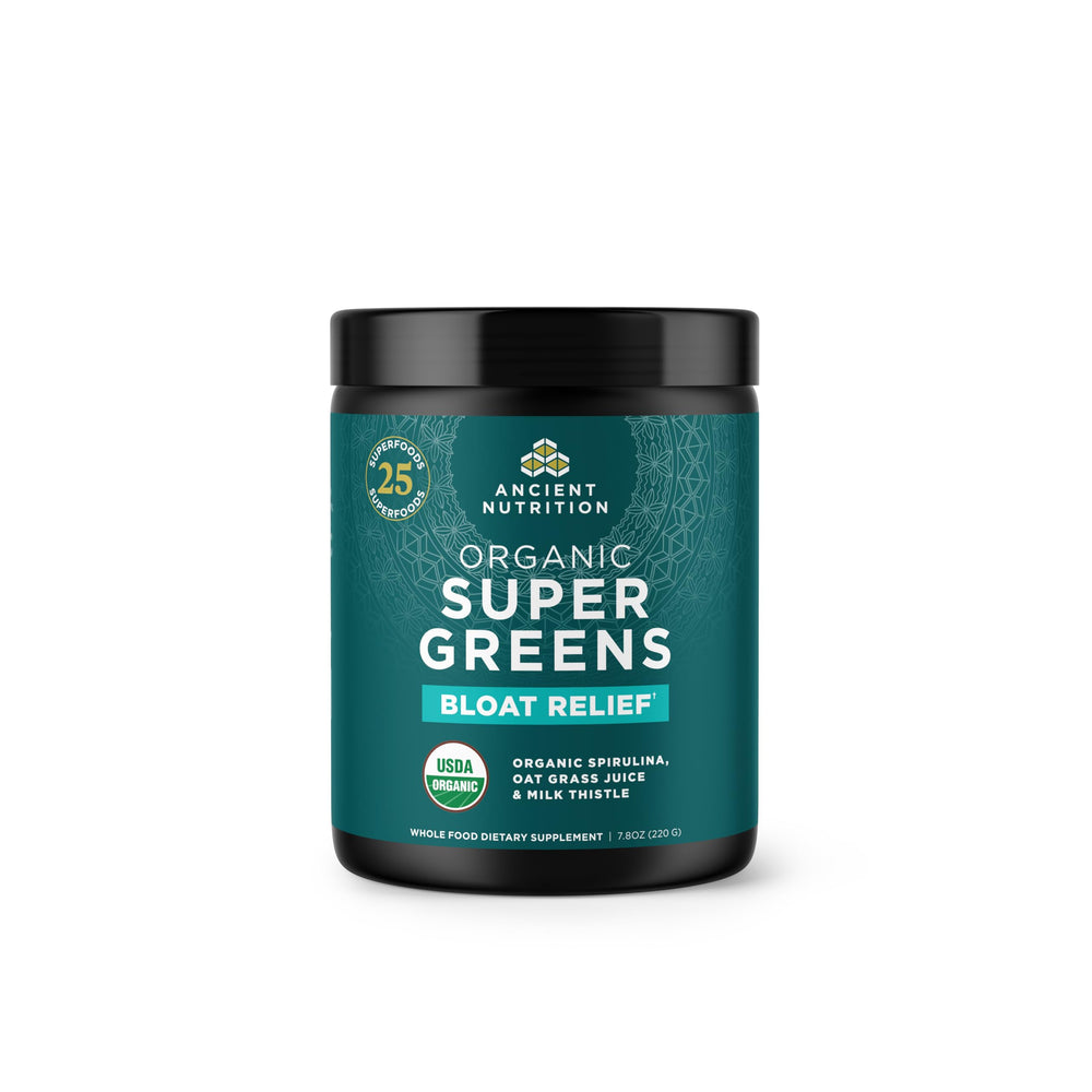 Ancient Nutrition SuperGreens bottle front shows organic blend for daily gut support.
