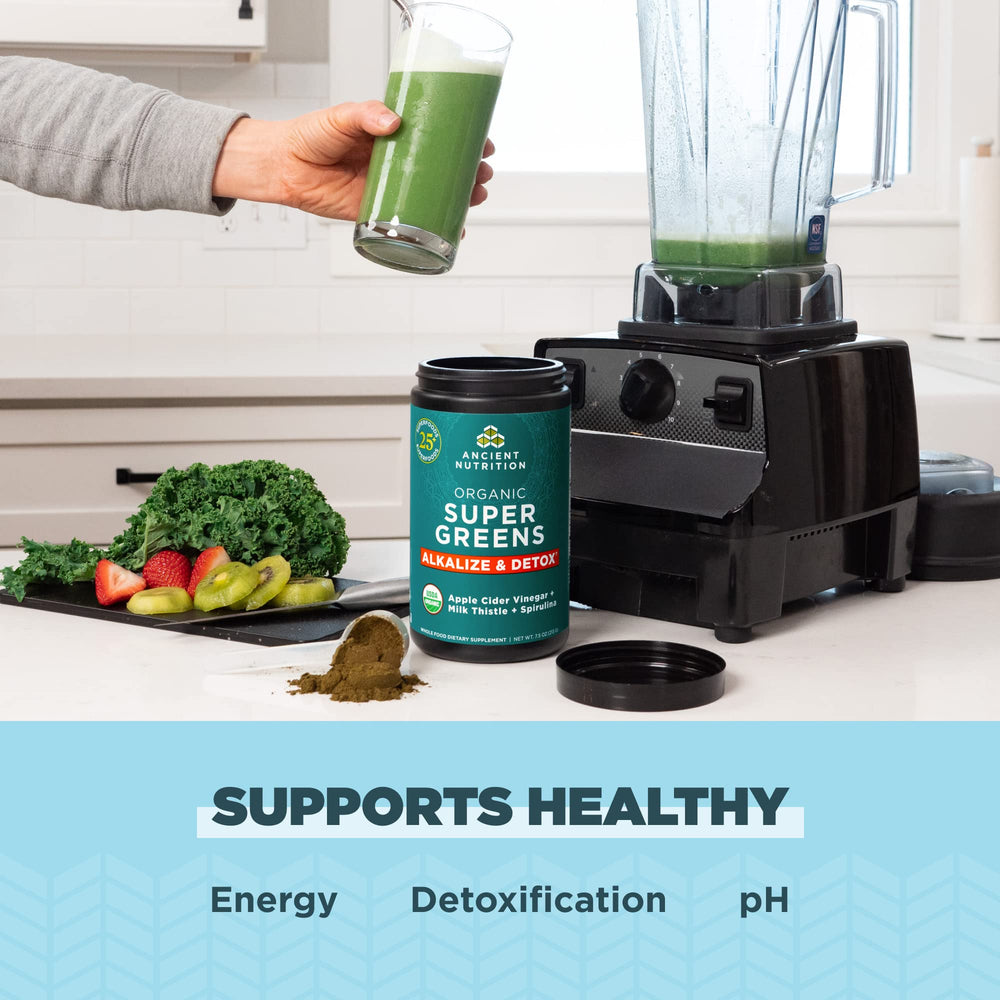 Ancient Nutrition Supergreens label close-up highlighting greens and probiotics