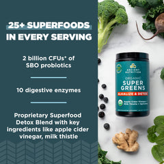 Ancient Nutrition Supergreens powder pouring into a shaker for smoothies