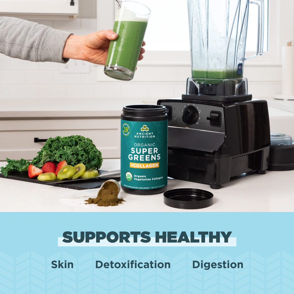 Ancient Nutrition Supergreens ingredients panel shows nutrient-dense real fruits and vegetables.