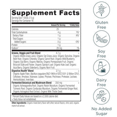 Ancient Nutrition SuperGreens scoop dispensing powder for quick, mixed drinks.