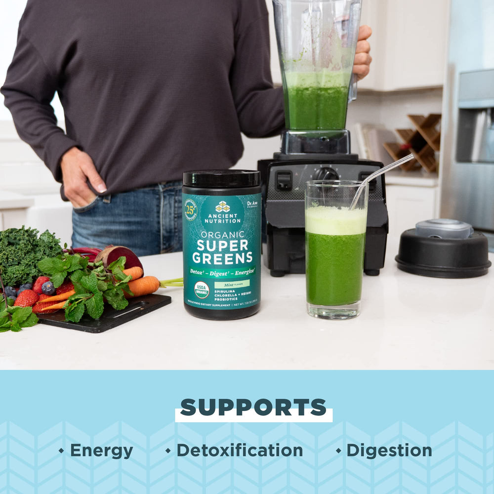 Ancient Nutrition SuperGreens spirulina blend emphasizing antioxidant greens for energy