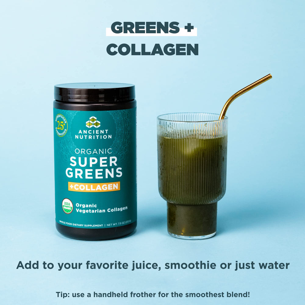 Ancient Nutrition Supergreens tub close-up emphasizes premium organic formulation.