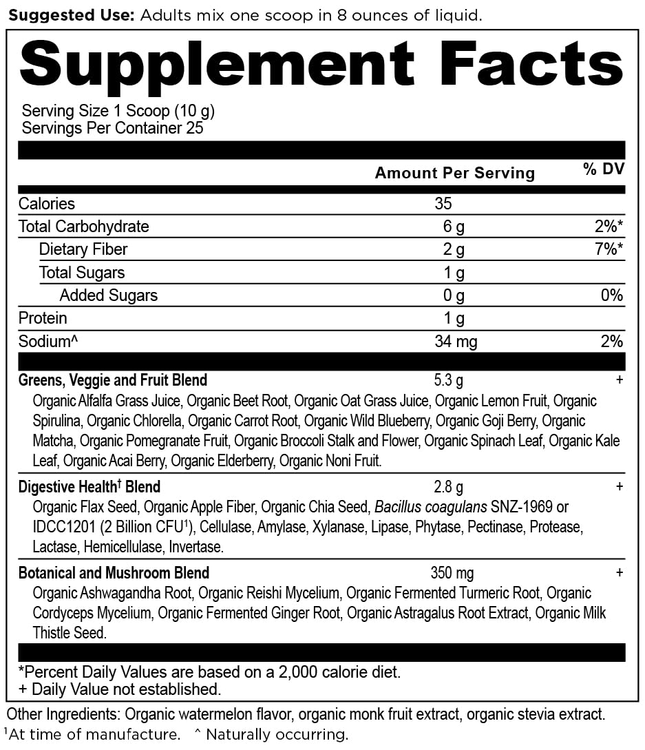Ancient Nutrition SuperGreens tub front shows watermelon flavor and 25 servings.