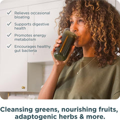 Ancient Nutrition SuperGreens tub with glass implies convenient greens ritual.