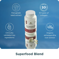 Ancient Nutrition testosterone support capsules close-up for daily vitality and mood support.
