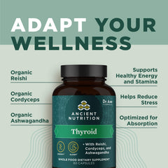 Ancient Nutrition Thyroid Support bottle beside a glass of water, ideal for morning routine.
