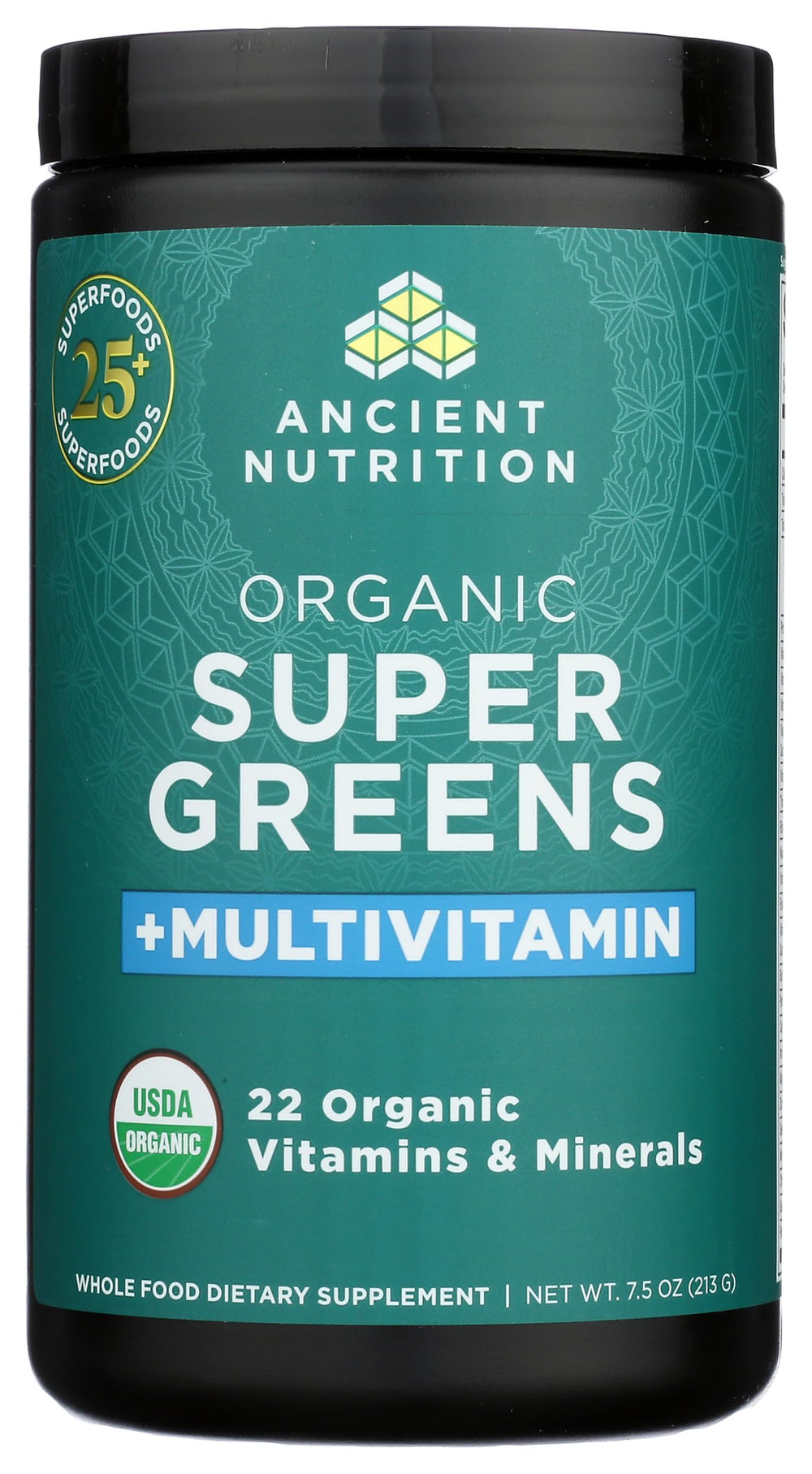Ancient Nutrition tub label close-up showing organic vitamins and minerals.