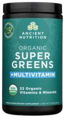 Ancient Nutrition tub label close-up showing organic vitamins and minerals.
