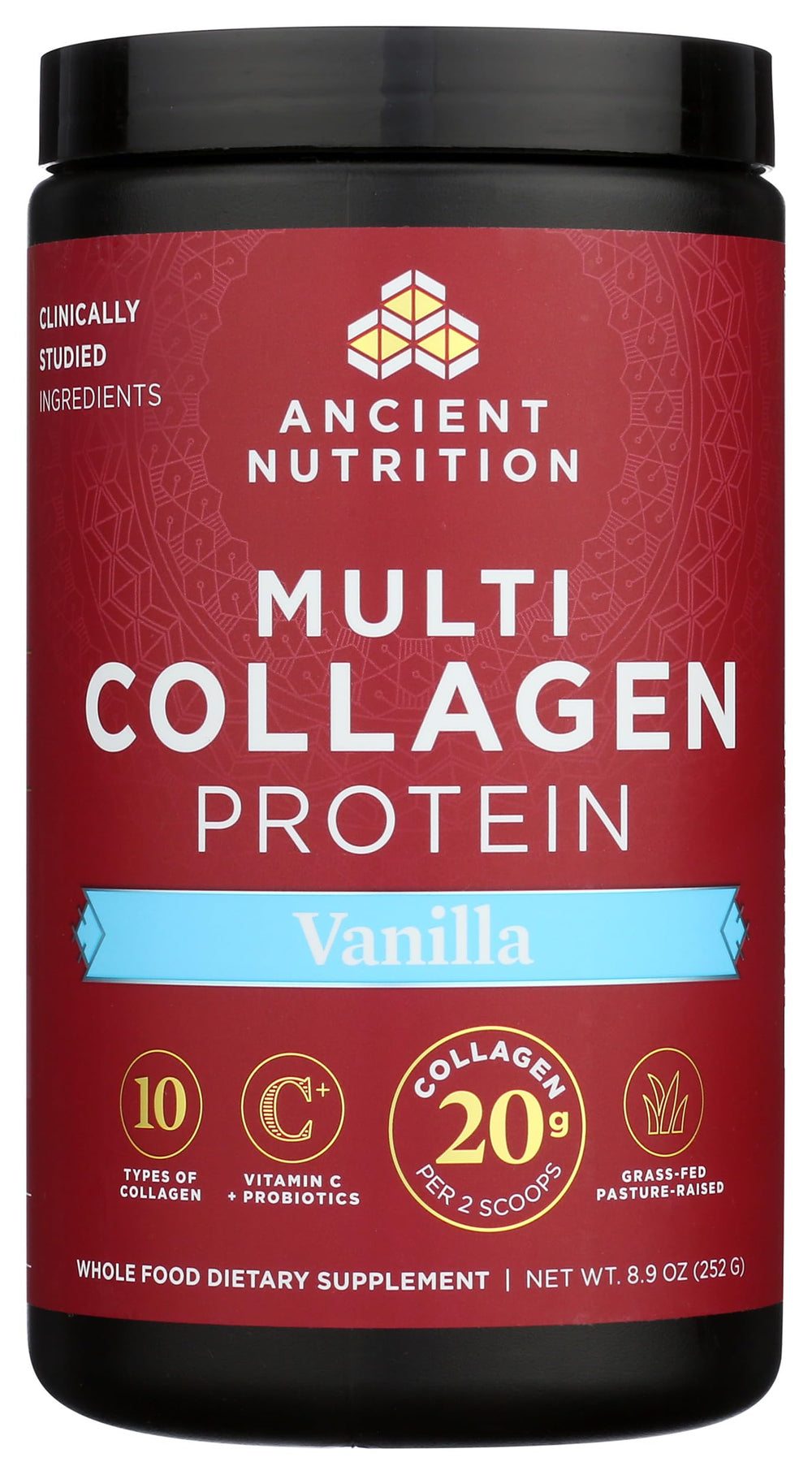 Ancient Nutrition vanilla flavor dissolving in coffee or smoothie for tasty daily supplement.