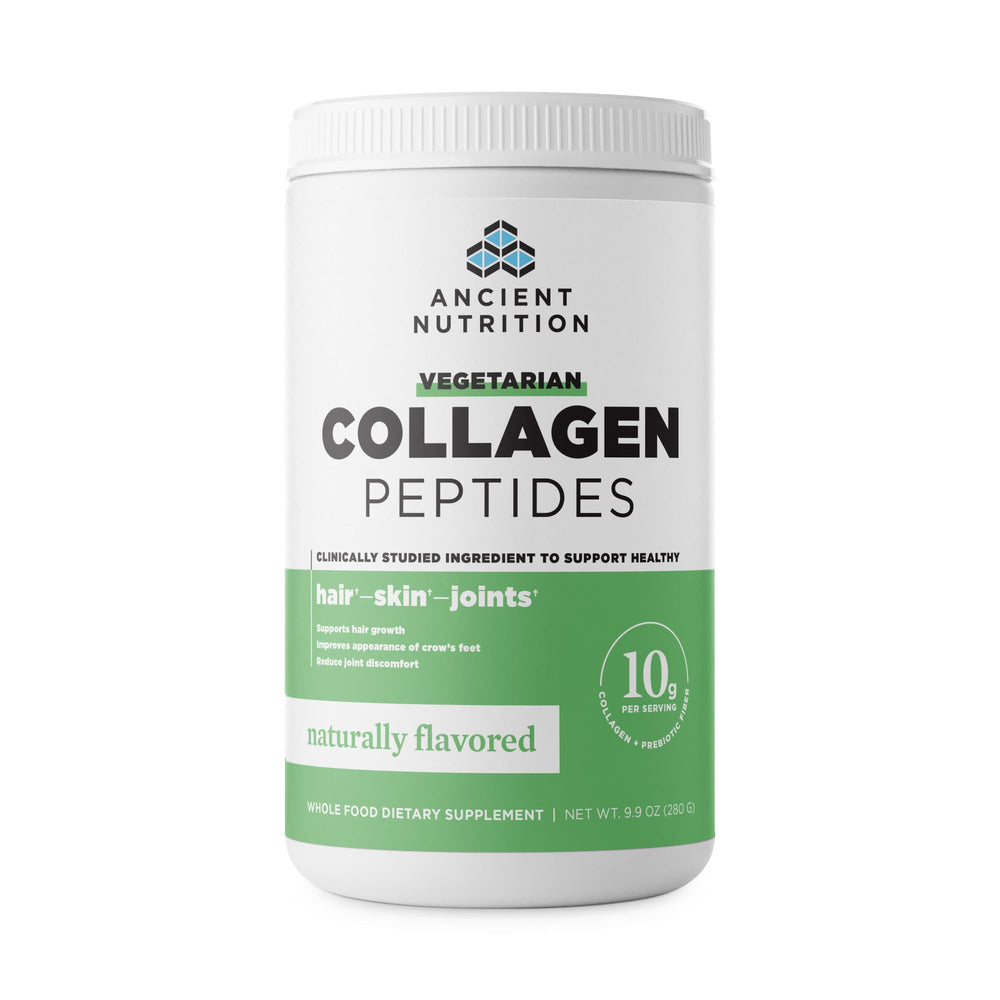 Ancient Nutrition vegetarian collagen peptides bottle ready for daily routine.