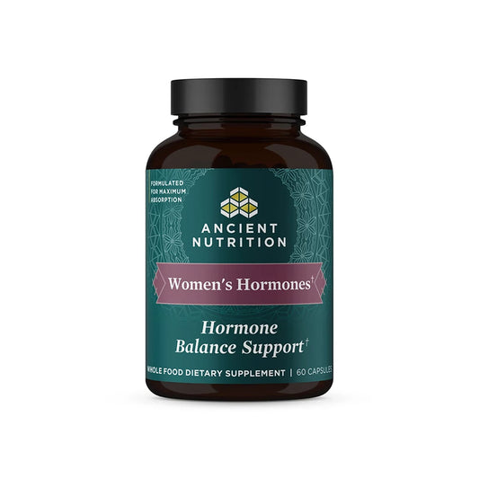 Ancient Nutrition Women's Hormones bottle on a clean surface supports daily energy
