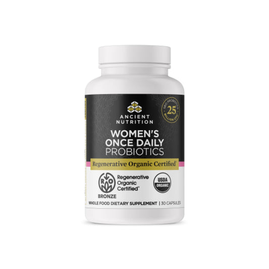 Ancient Nutrition Women's Probiotics bottle front for daily digestive support.