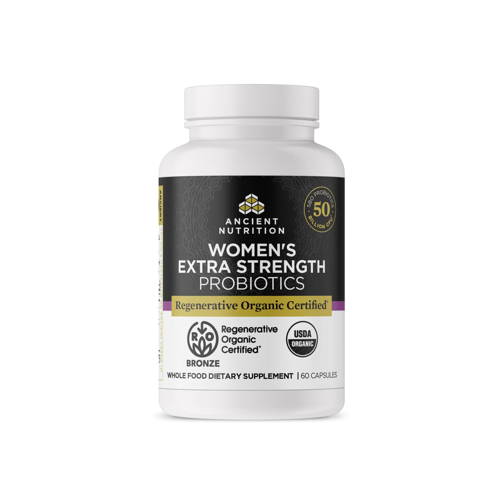 Ancient Nutrition women's probiotics bottle for daily gut balance and wellness.