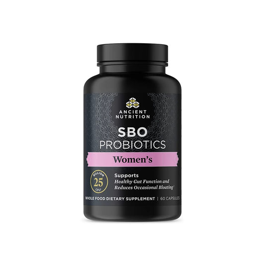 Ancient Nutrition Women's SBO Probiotics bottle front view for daily gut support.