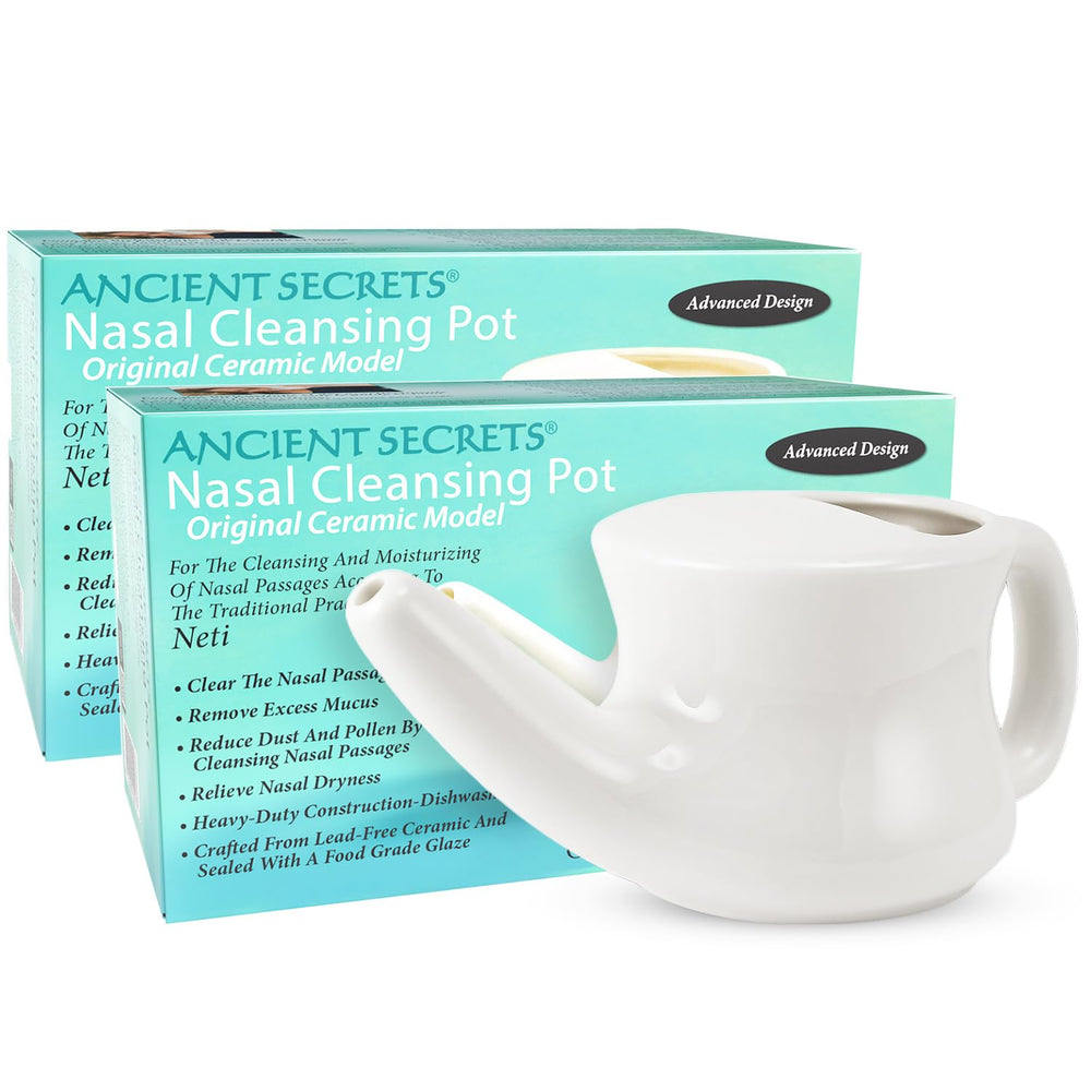 ANCIENT SECRETS Neti Pot ceramic body for leak-free nasal irrigation.