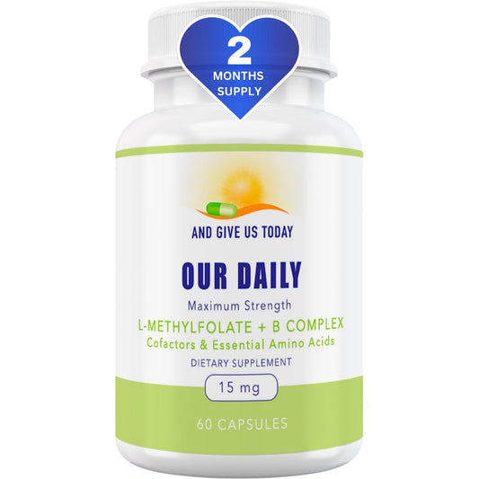 Our Daily L-Methylfolate B Complex bottle supports daily energy and mood.