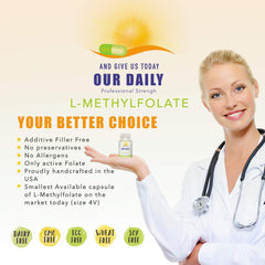 Our Daily Vites L-Methylfolate capsules pouring from bottle suggest convenient daily use.