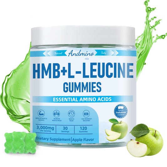 Andmino HMB and L-Leucine Gummies bottle highlighting convenient daily muscle support.
