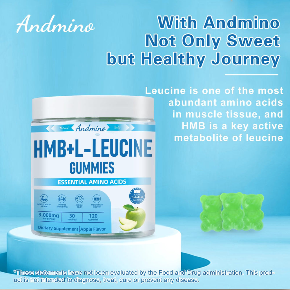 Andmino HMB and L-Leucine Gummies ingredients list highlights vegan, non-GMO formula.