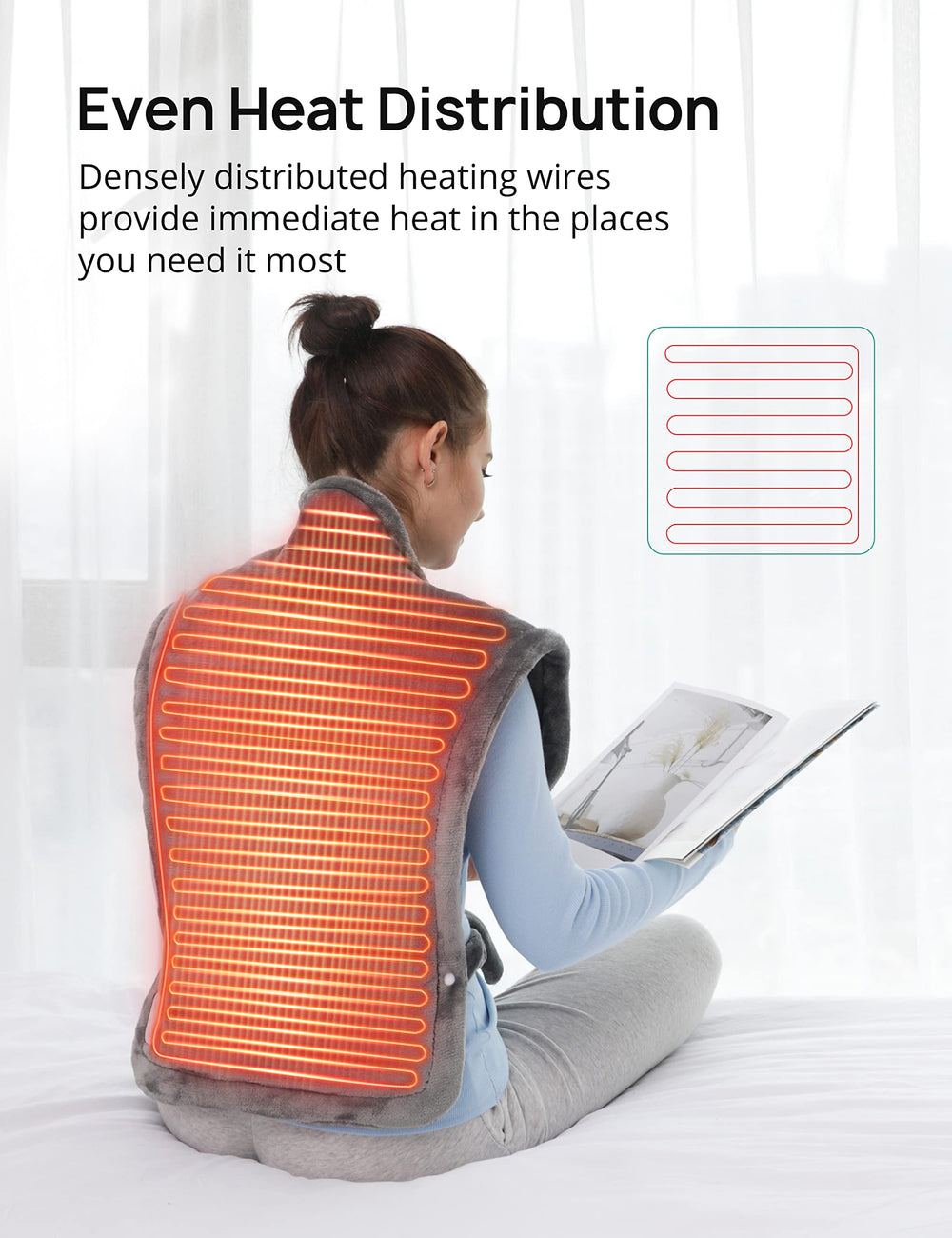 Andola heating pad's weighted edges and snaps keep it in place during use.