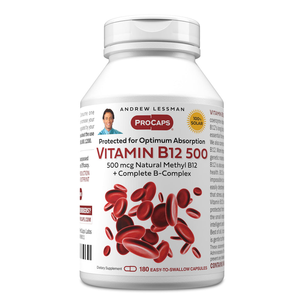 ANDREW LESSMAN Vitamin B12 500 bottle front view shows clean labeling and easy-to-swallow capsules
