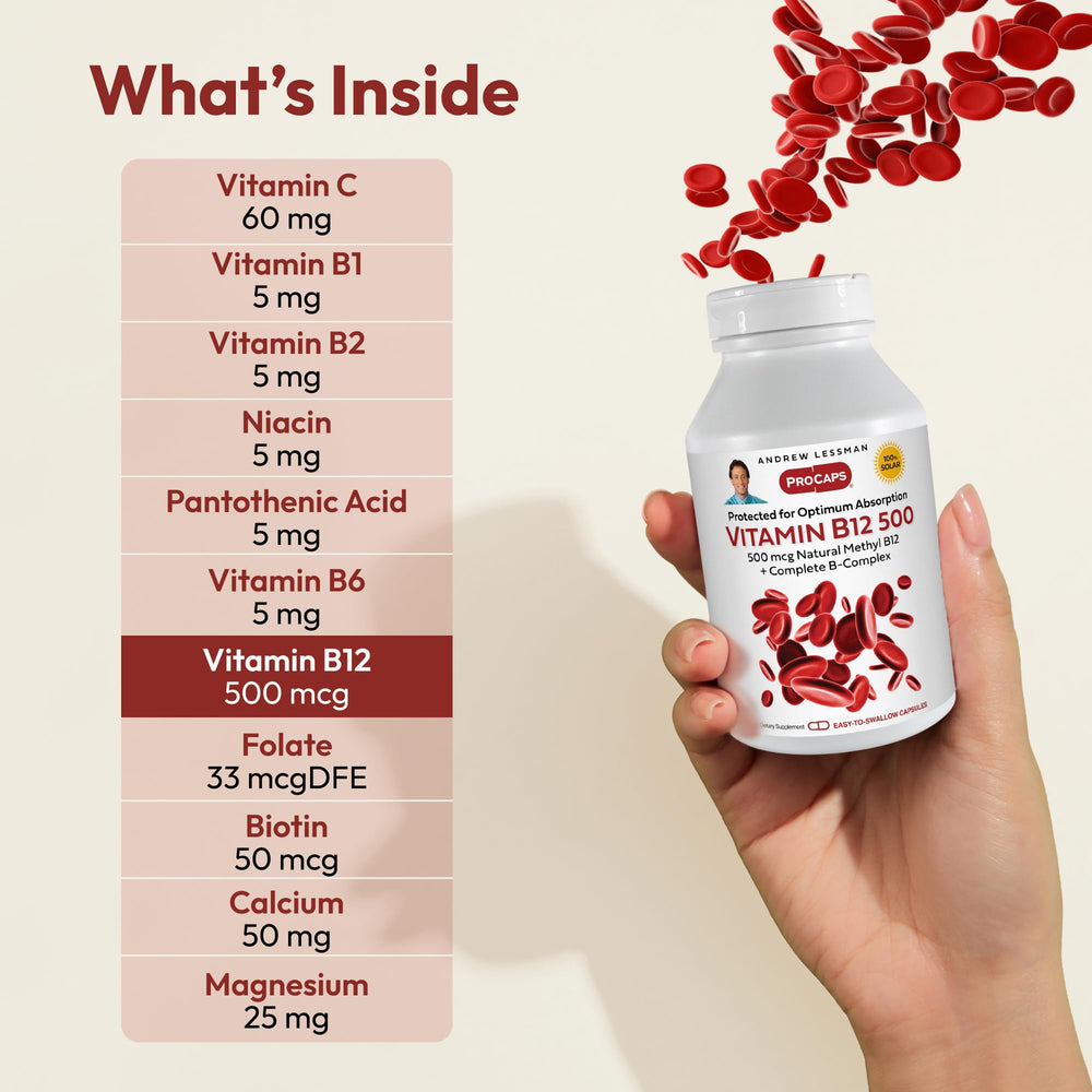 Andrew Lessman B12 bottle label detailing dairy-free and gluten-free formula.