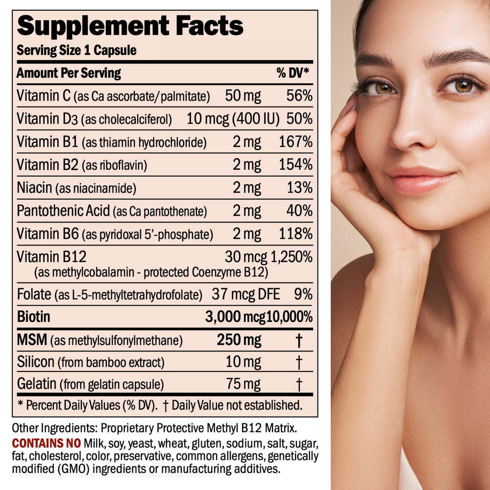 Andrew Lessman biotin capsules highlight 3,000 mcg potency for potential hair strength.