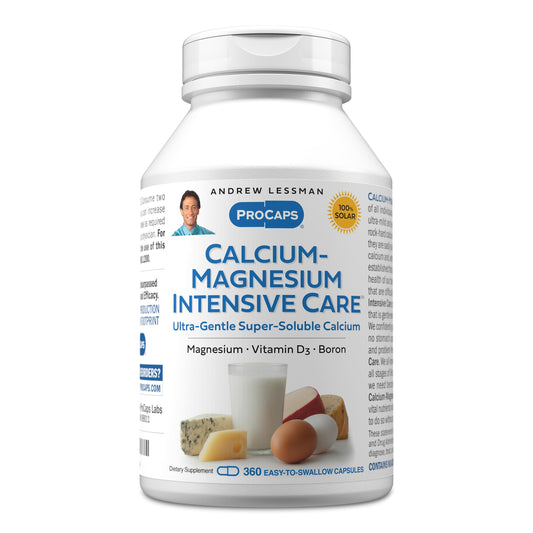 Andrew Lessman Calcium Magnesium Intensive Care bottle pour shows easy-to-sip capsules for daily mineral balance.