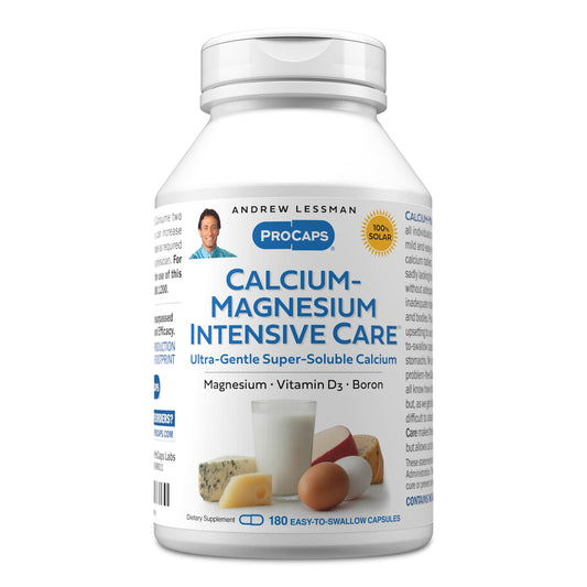Andrew Lessman Calcium Magnesium Intensive Care bottle with easy-to-swallow capsules for daily use.