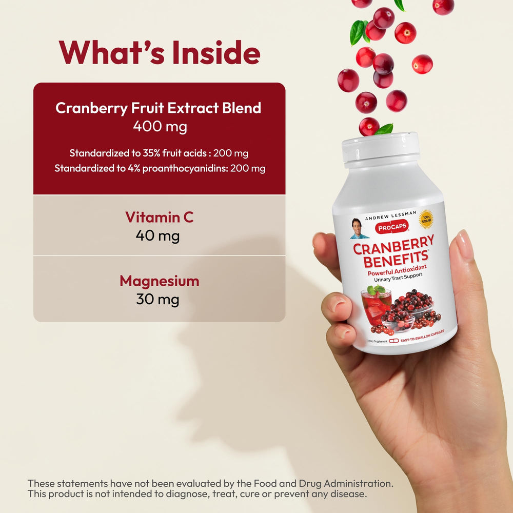 Andrew Lessman cranberry capsules easy-to-swallow design for daily bladder and kidney support.