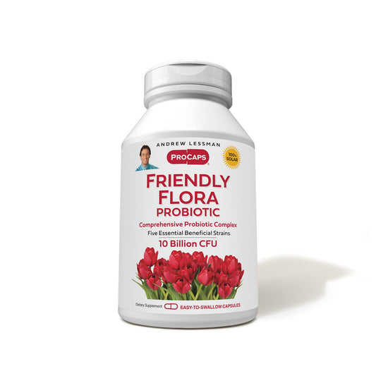Andrew Lessman Friendly Flora bottle front view supports daily digestive balance.