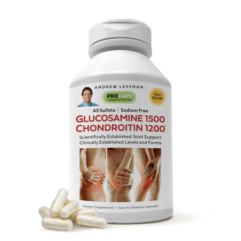 Andrew Lessman glucosamine-chondroitin capsules ready for daily joint support.