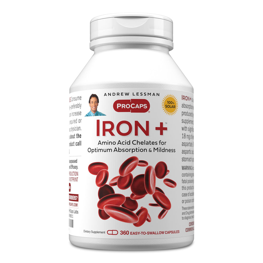 ANDREW LESSMAN Iron Plus bottle front showing small easy-to-swallow capsules