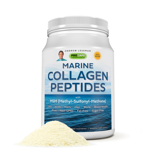 ANDREW LESSMAN Marine Collagen Peptides powder bottle highlights highly soluble formula for healthier skin, hair, and nails
