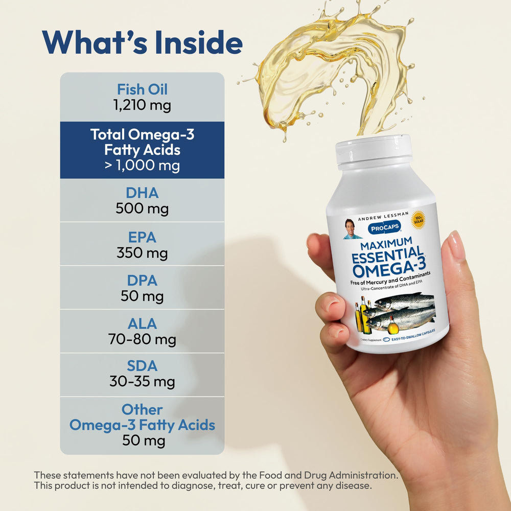 Andrew Lessman Maximum Essential Omega-3 Ahiflower oil blend, plant-based omega-3 for balanced daily intake.
