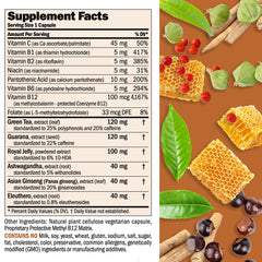 Andrew Lessman Urgent Energy bottle side label close-up highlighting allergen-free ingredients.