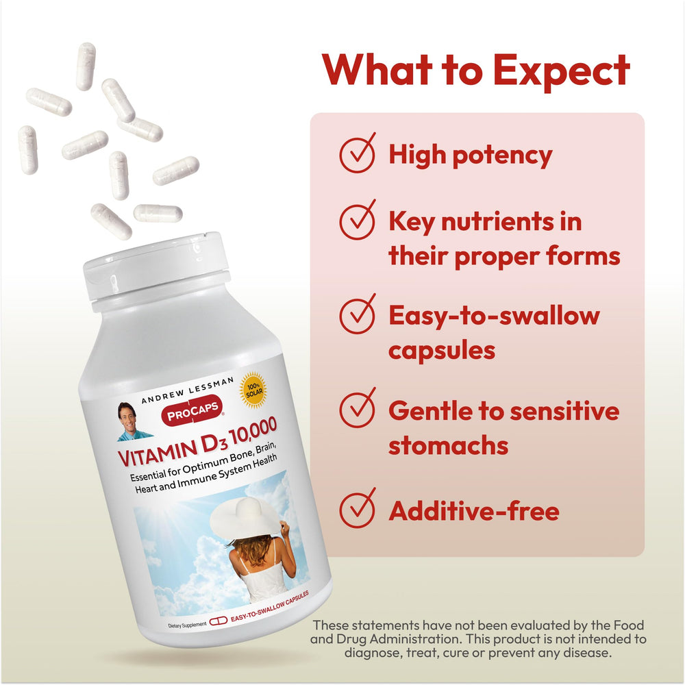 Andrew Lessman Vitamin D3 label detail indicating dairy-free and gluten-free ingredients.