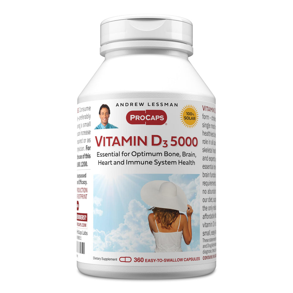 Andrew Lessman Vitamin D3 5000 IU bottle with pour supports calcium absorption and bone health.