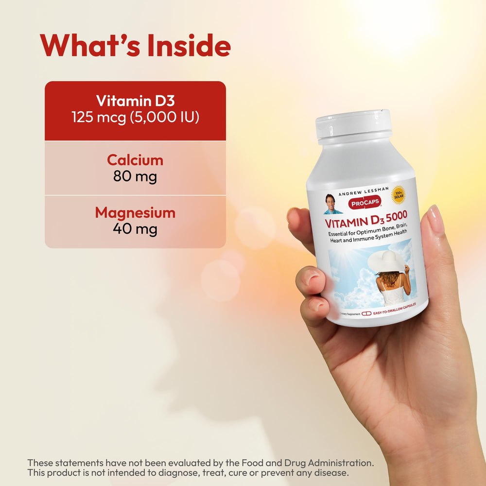 Andrew Lessman Vitamin D3 bottle label with 180 capsules and eco-friendly packaging