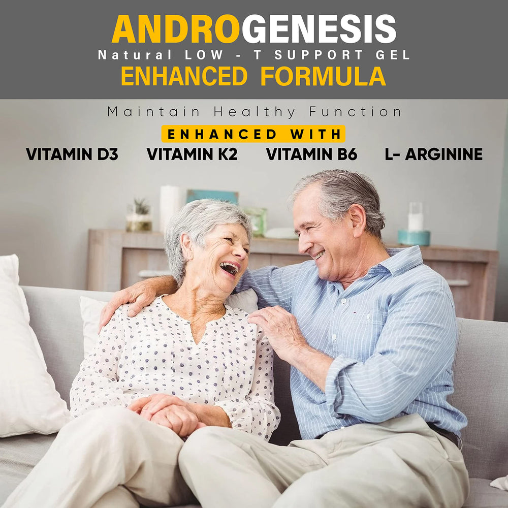 Androgenesis Enhanced Formula label highlights vitamins D3, K2, B6, and L-Arginine.