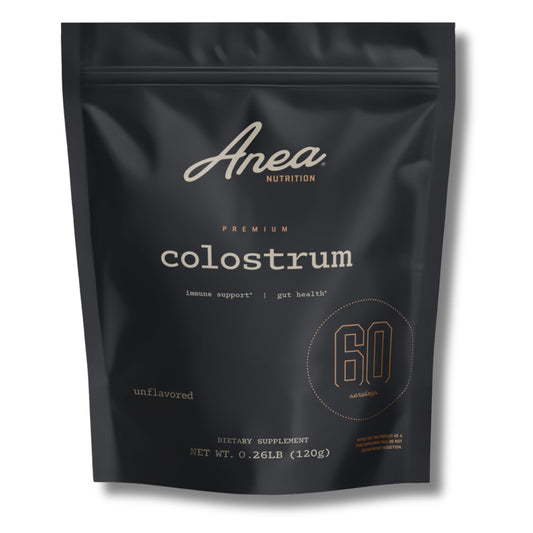 Anea Nutrition Colostrum Unflavored bottle highlights immune support potential.
