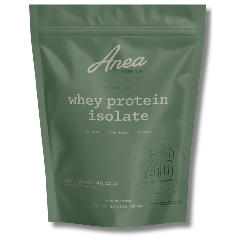 Anea Whey Protein Isolate Mint Chocolate Chip scoop boosts post-workout recovery with clean protein