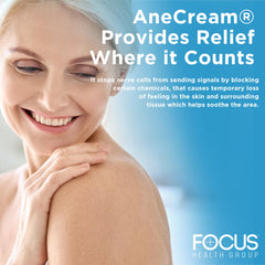 Label detail of AneCream Focus Health highlighting 4% lidocaine and soothing agents.