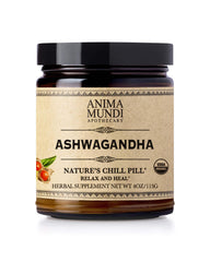 Anima Mundi Ashwagandha powder bottle close-up for calming daily rituals
