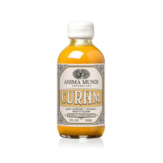 Anima Mundi Curam elixir bottle shows turmeric blend for antioxidant support.