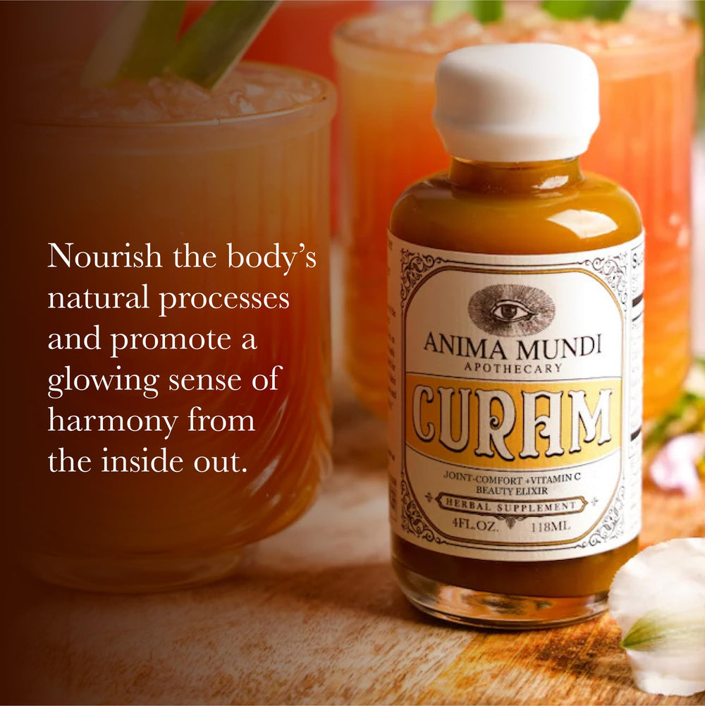 Anima Mundi Curam elixir ingredients label highlighting turmeric and camu camu