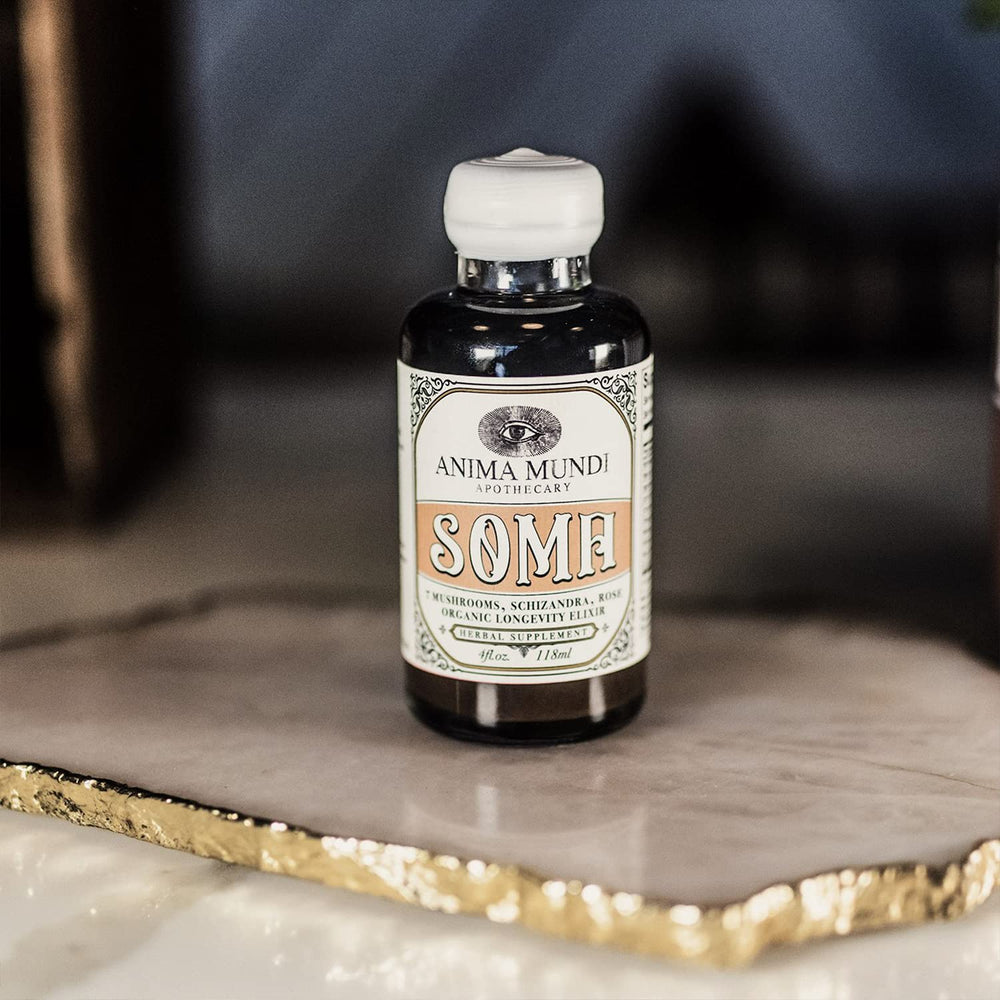 Anima Mundi Soma label detail showing organic mushroom blend and vegan formulation.